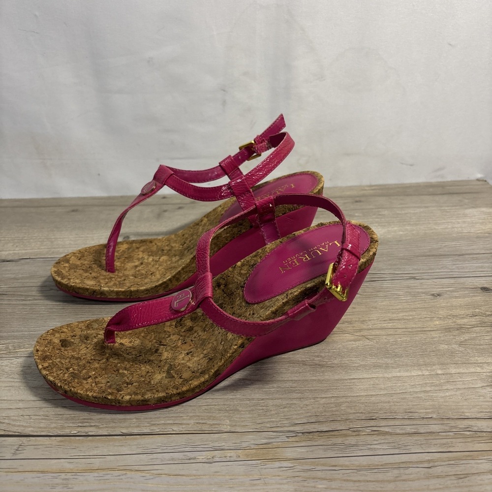 Women's 9 Vintage Ralph Lauren Reeta Strappy Pink Fuchsia Cork Wedge Y2K - Picture 3 of 9